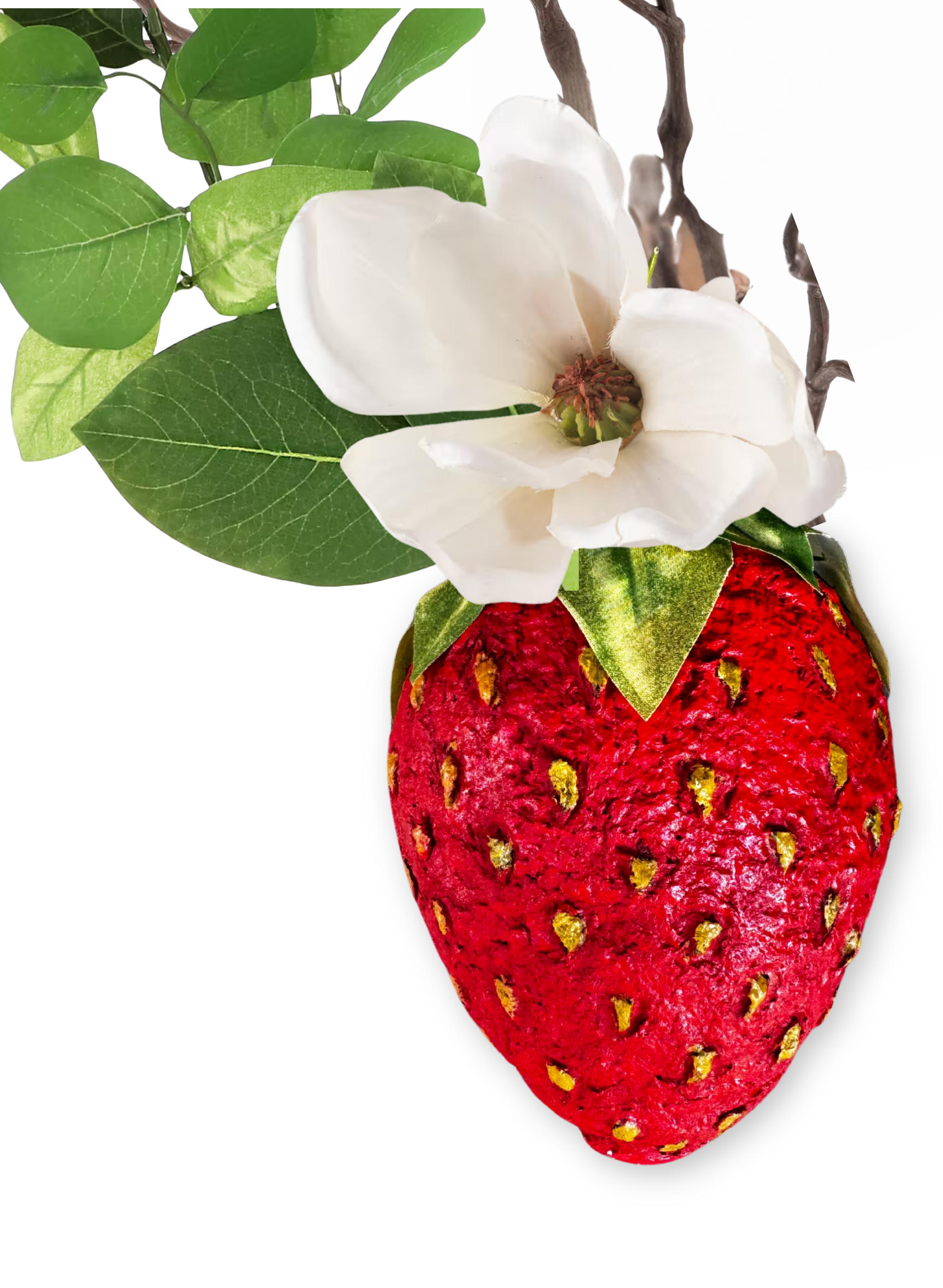 Red strawberry with a white flower and green leaves balloon decor add on